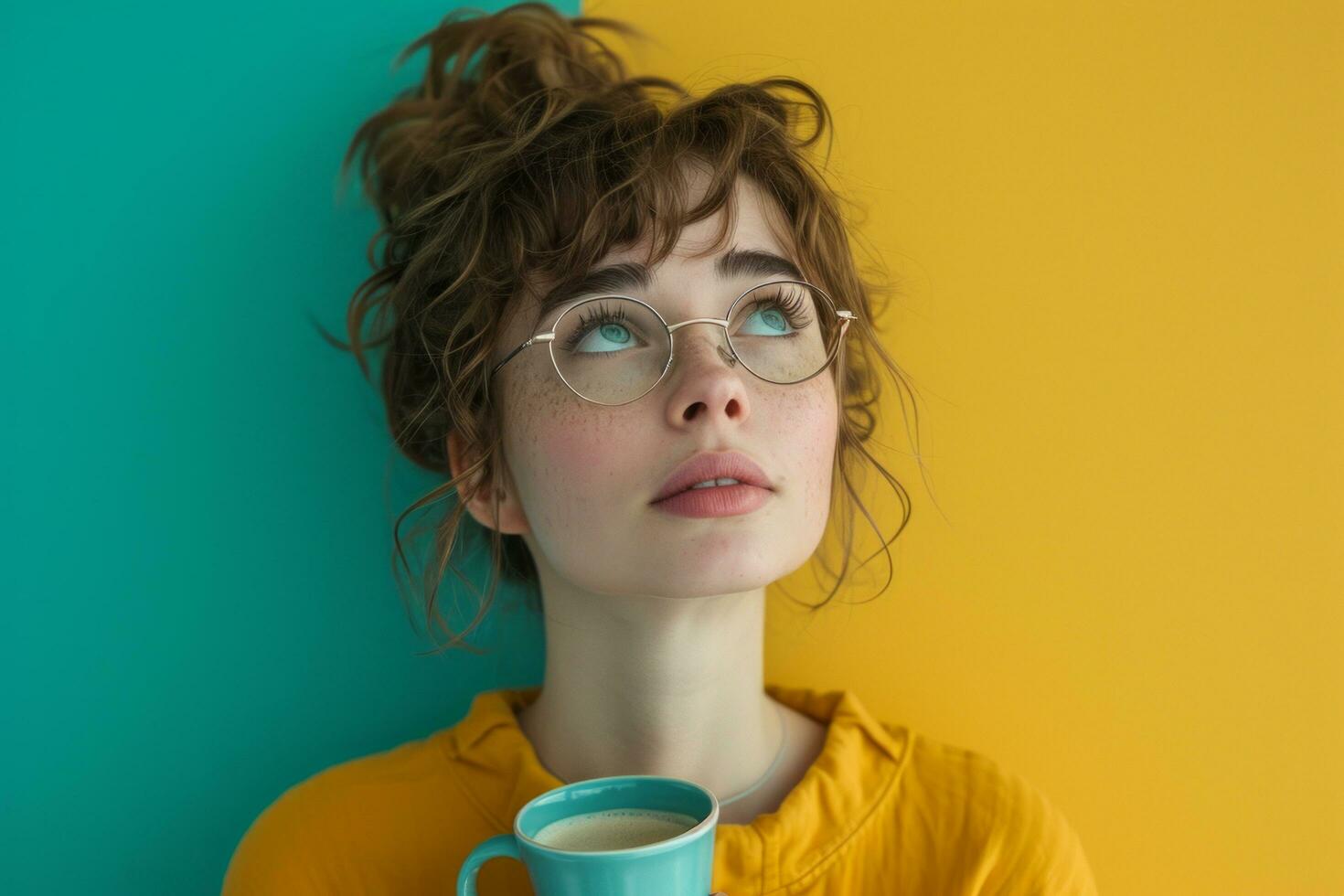 AI generated beautiful woman looking upward, holding coffee cup photo