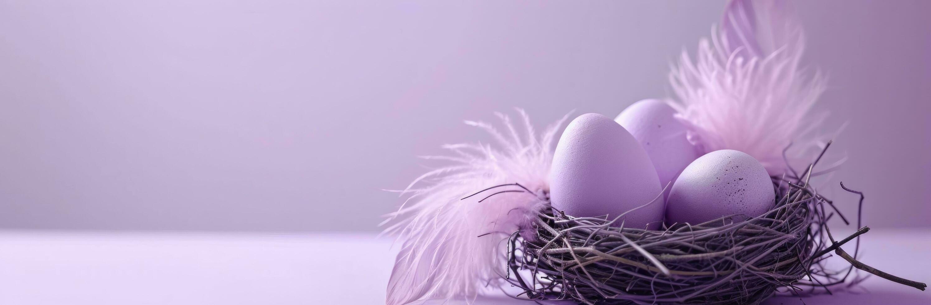AI generated easter eggs with purple feathers in nest on purple background photo