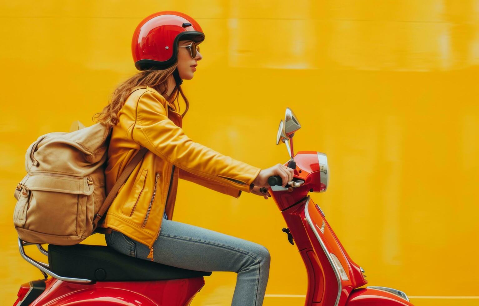 ai generado niña montando un rojo ciclomotor con bolso de comestibles foto