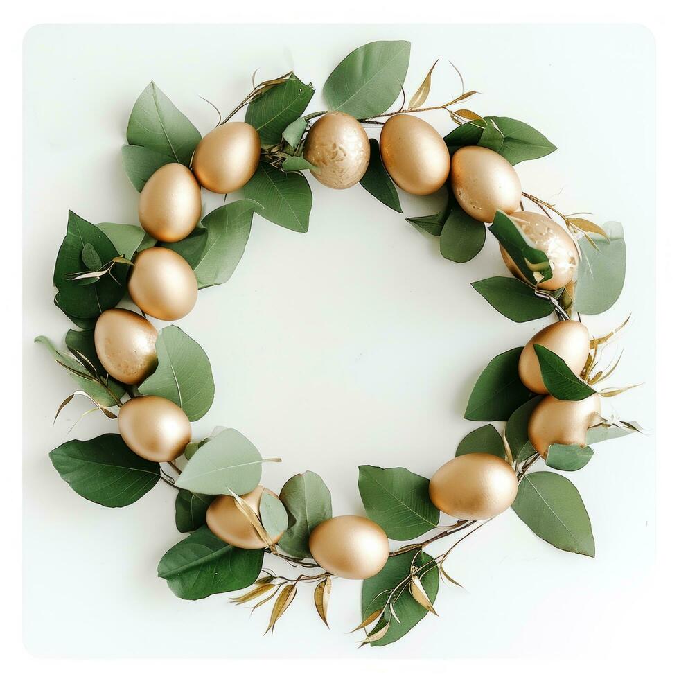 AI generated easter in circle with gold eggs and leaves photo