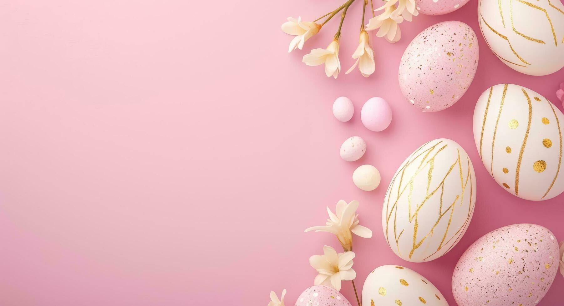 AI generated empty frame with easter eggs on a pink background photo