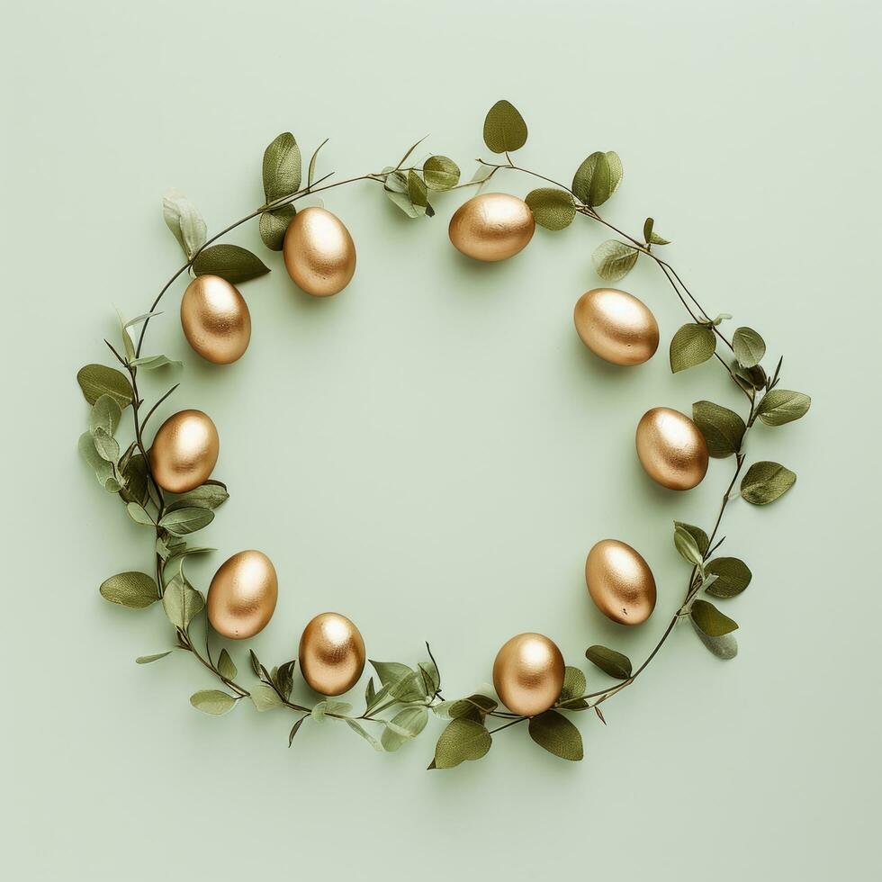 AI generated easter in circle with gold eggs and leaves photo