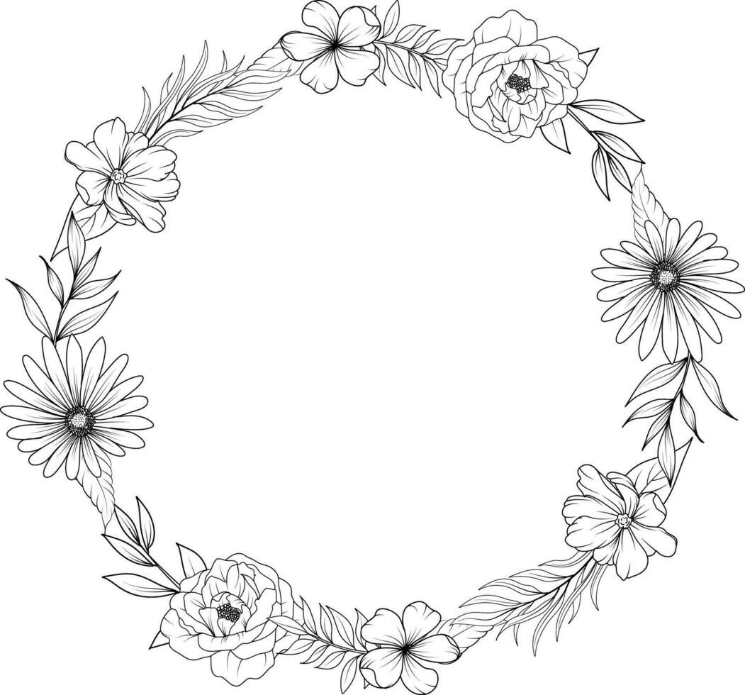 line art wildflower wreath vector illustration. flower bouquet sketch