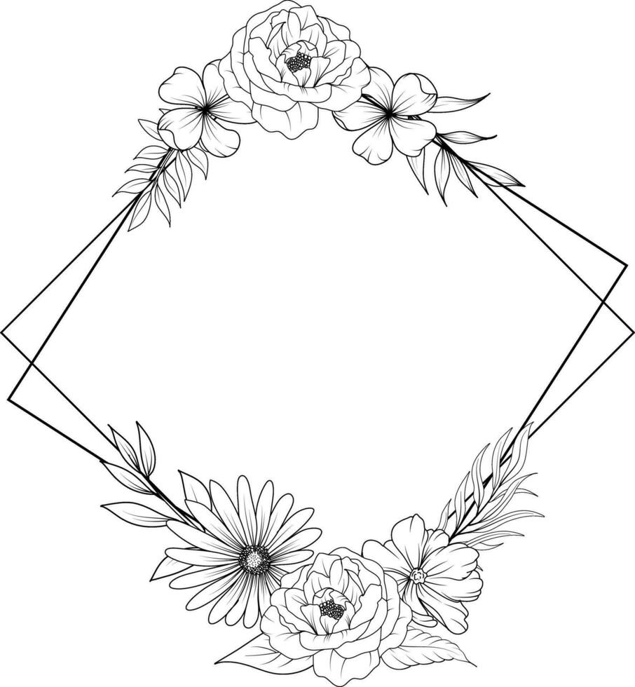 floral frame with line art wildflower wreath. flower bouquet sketch vector