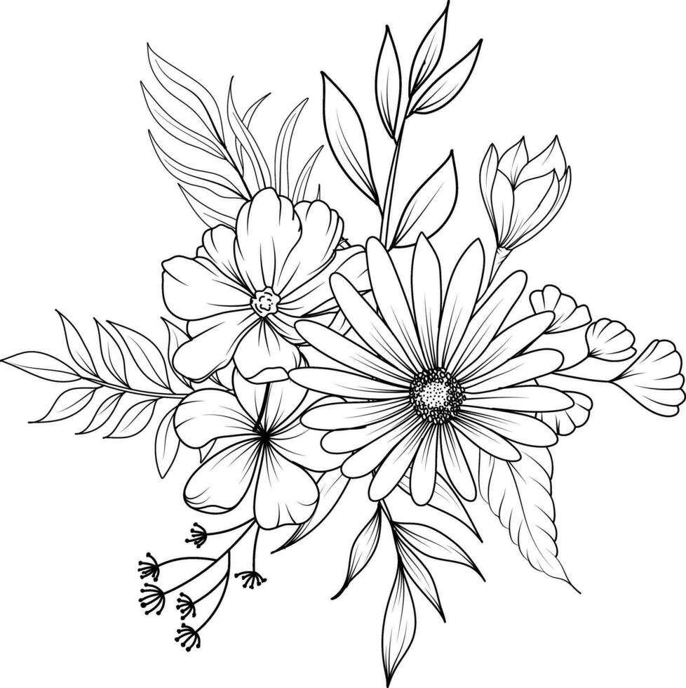 line art wildflower wreath vector illustration. flower bouquet sketch