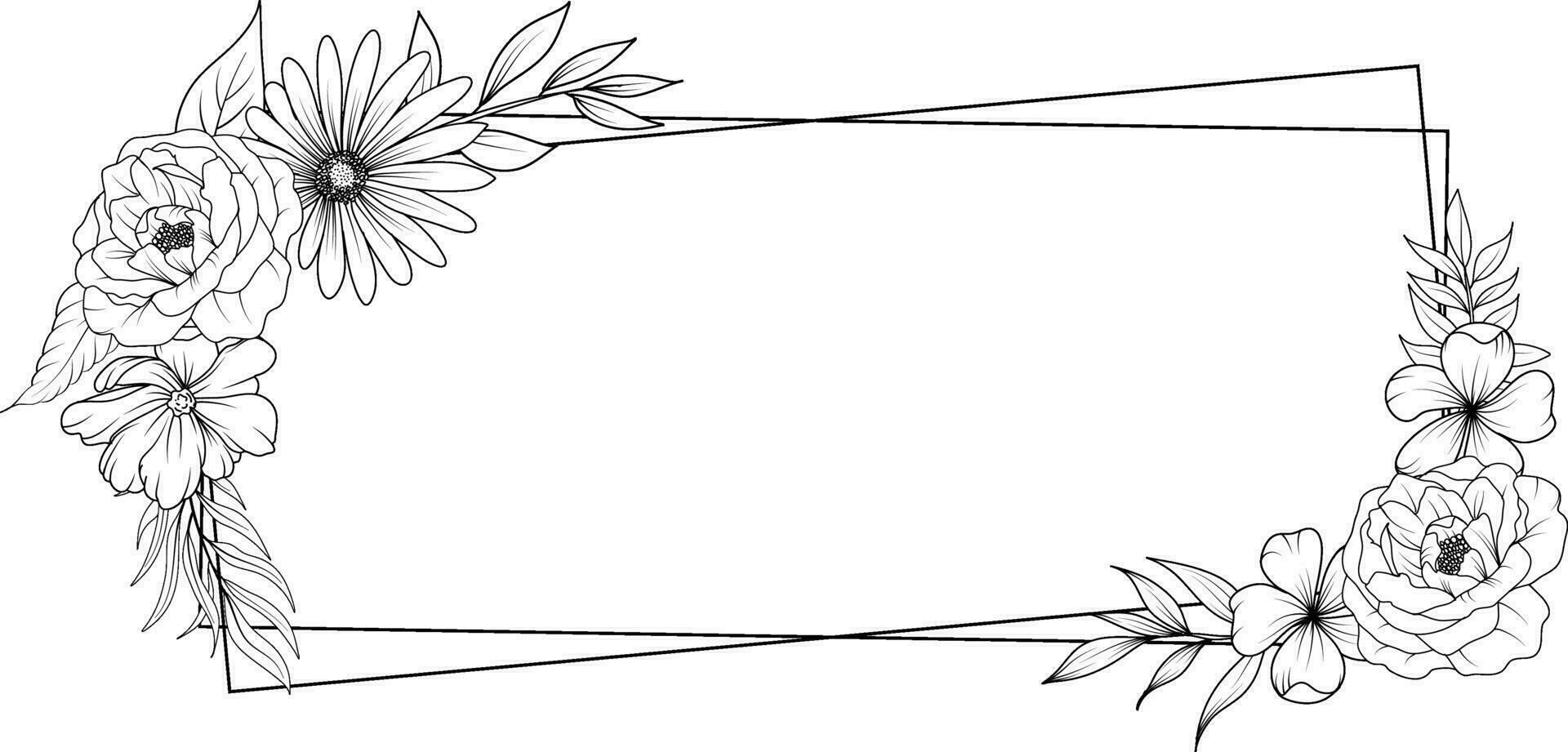 floral frame with line art wildflower wreath. flower bouquet sketch vector