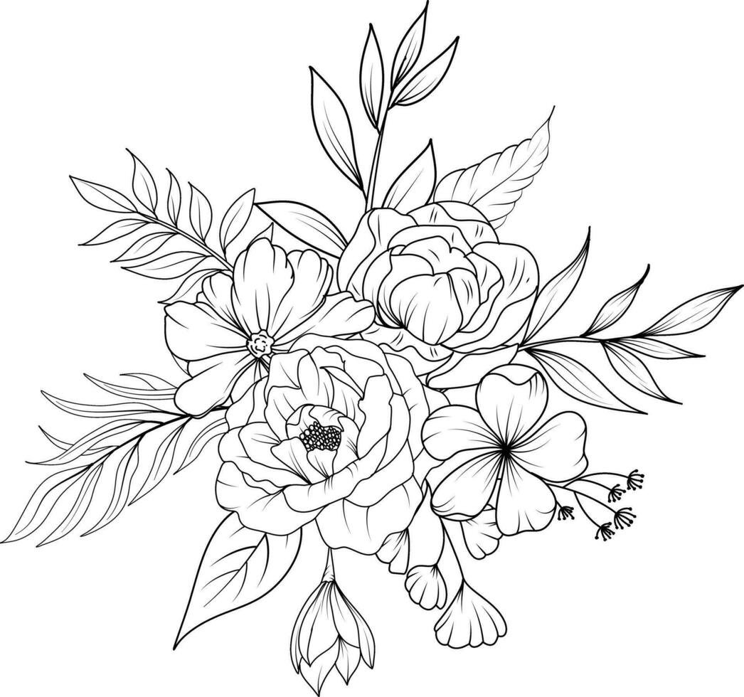 line art wildflower wreath vector illustration. flower bouquet sketch