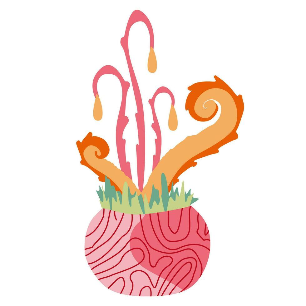 fantasía planta en flor maceta. elemento para juego con extraterrestre plantas con tentáculo aislado en blanco antecedentes. color organismo, monstruo, criatura con tentáculos diseño Arte para libro, póster, imprimir, tarjeta. vector