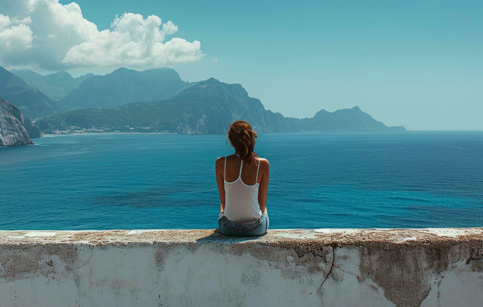 AI generated woman sitting on a wall overlooking ocean photo