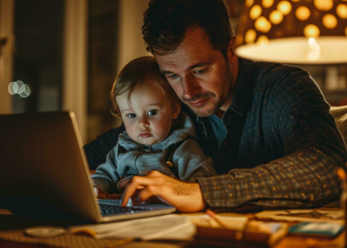 AI generated father and toddler writing on a laptop at home photo