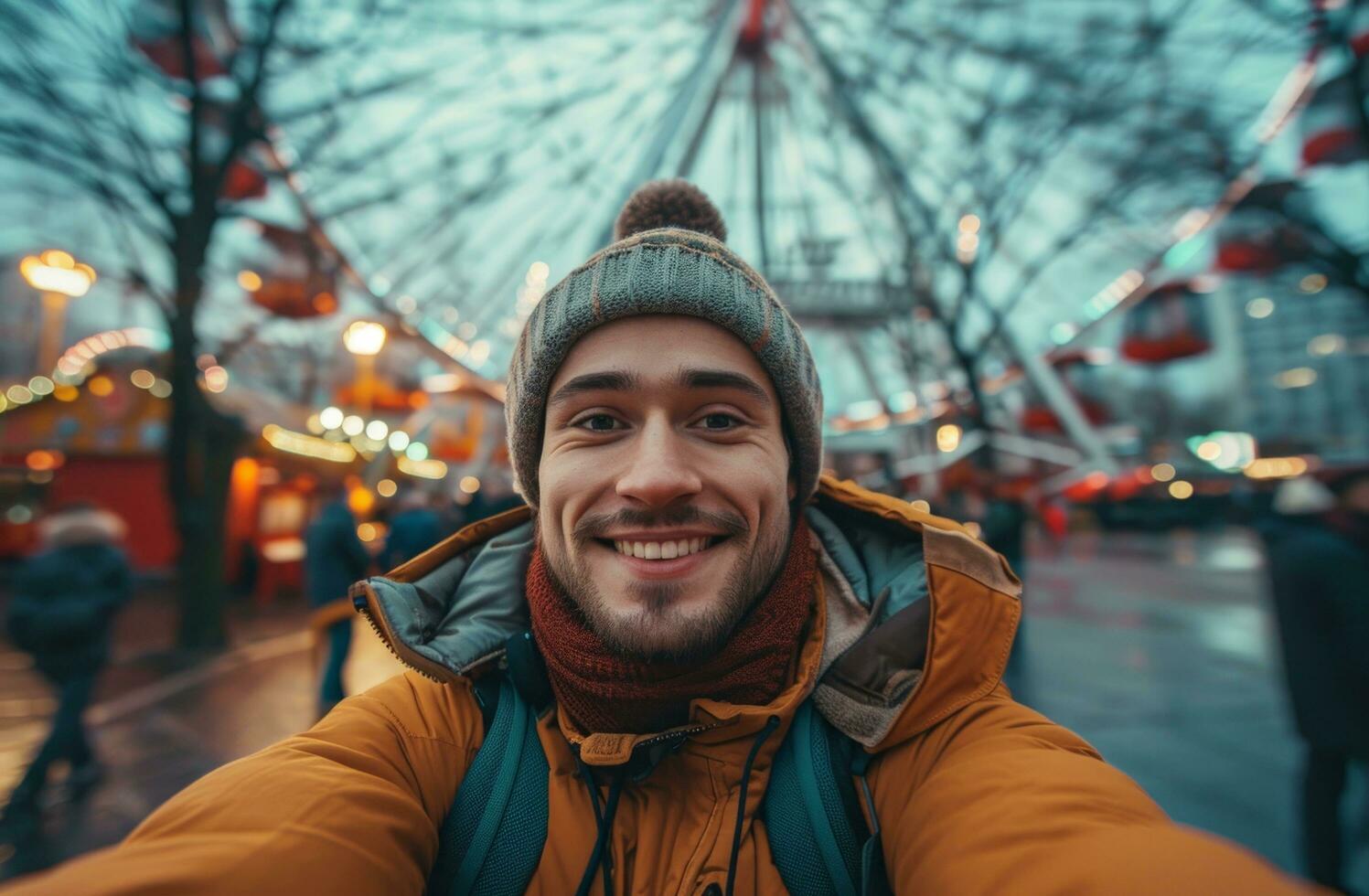 AI generated man taking selfie with ferris wheel in the background photo