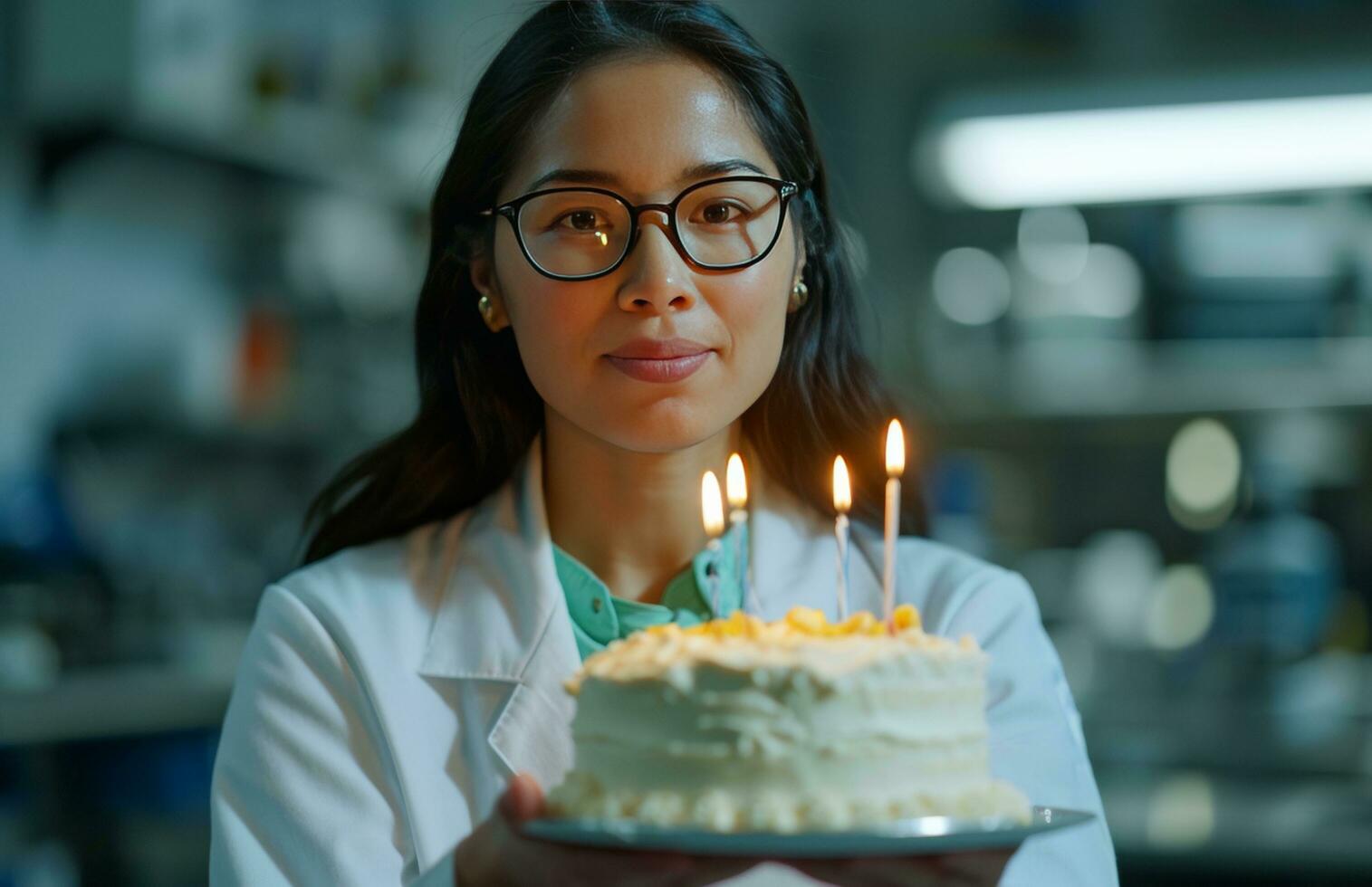 AI generated female scientist having birthday with birthday with cake in hand scientist photo
