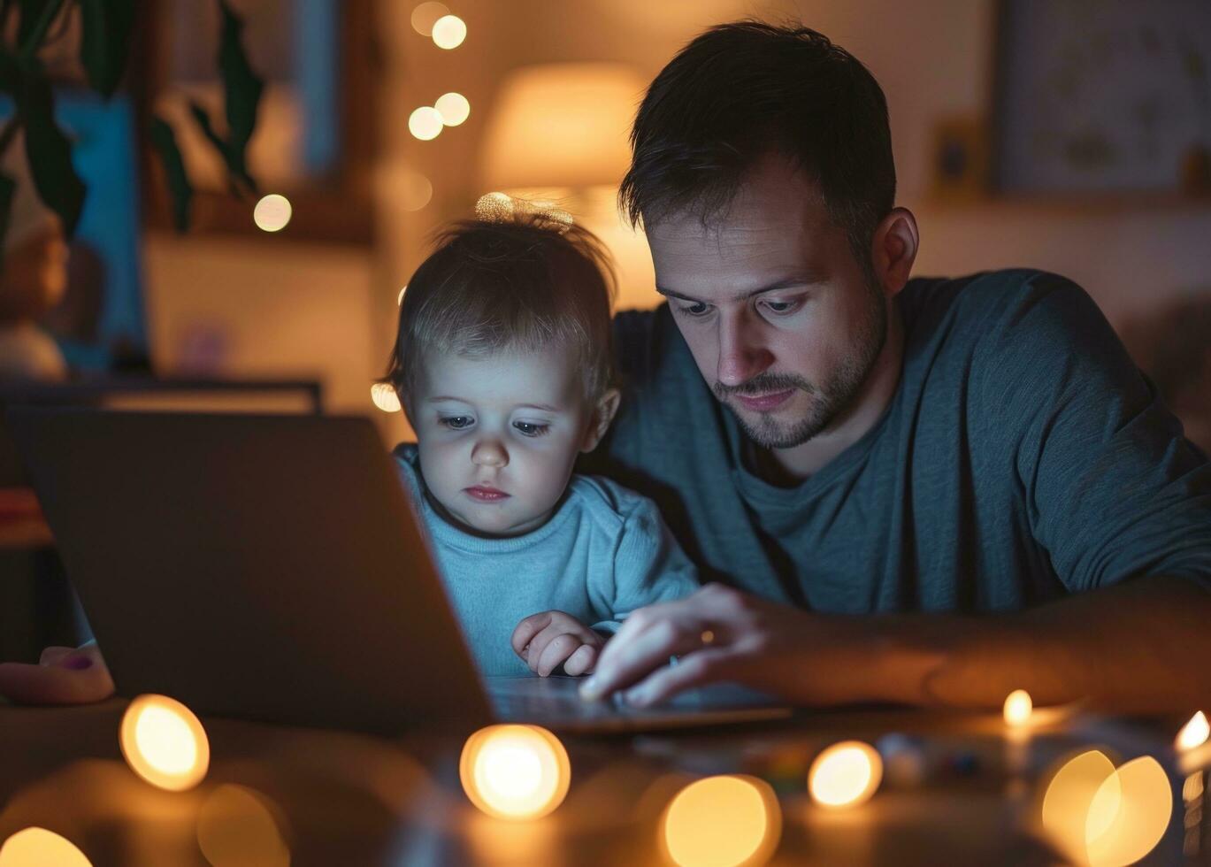 AI generated father and toddler writing on a laptop at home photo