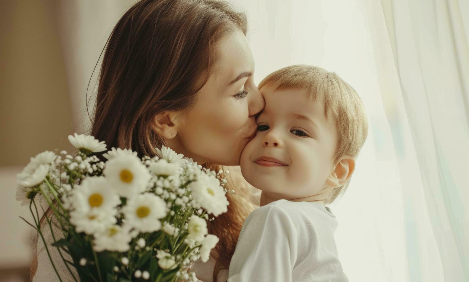 ai generado madre Besos hijo a hogar participación flores para madres día foto