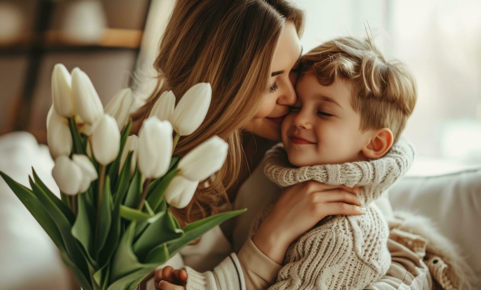 ai generado madre acurrucarse su hijo con tulipanes y madre besos él foto