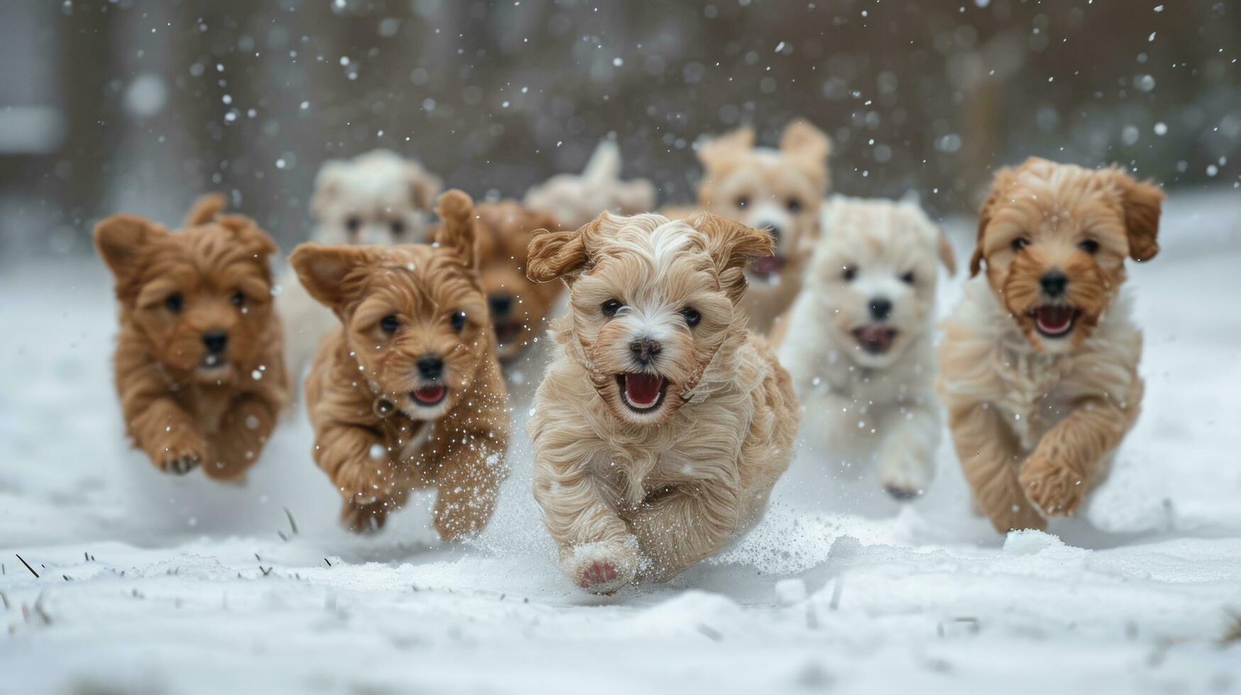 AI generated many puppies playing in the snow photo