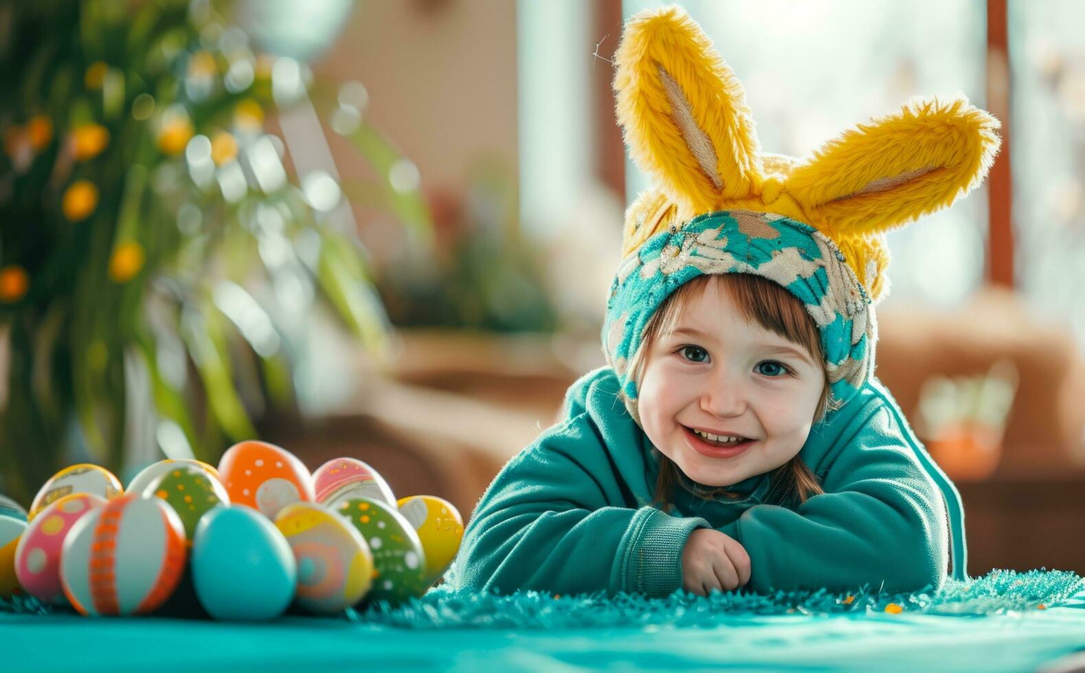 AI generated kid with ears wears bunny hat at a table with easter eggs photo