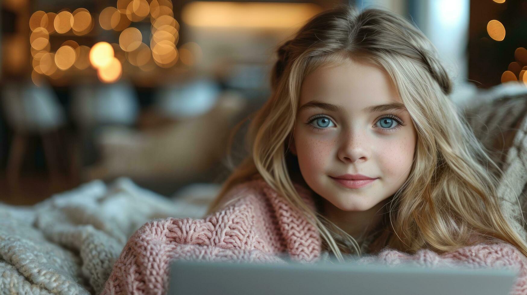 ai generado bonito 11 años antiguo niña con ordenador portátil en el habitación foto