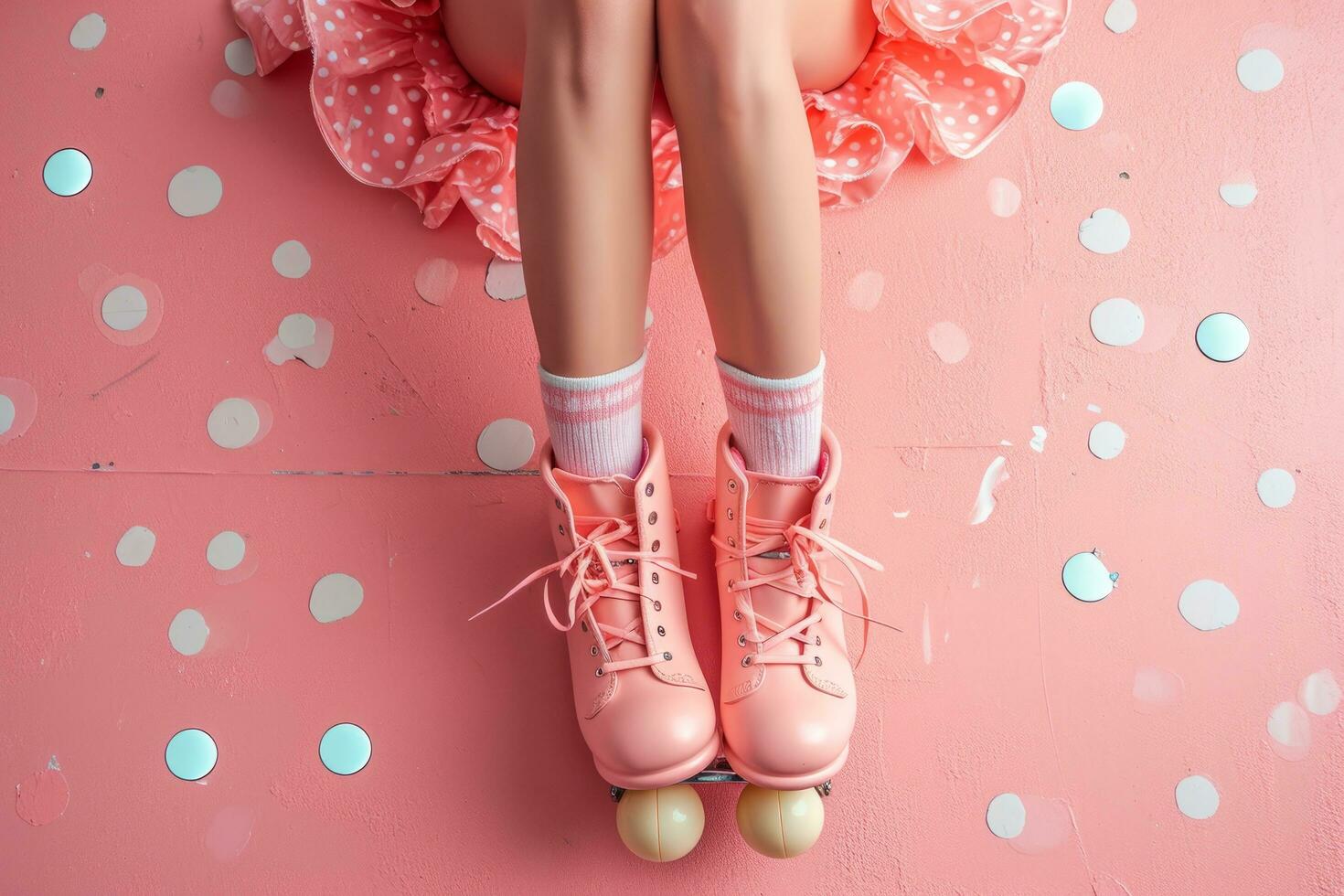 AI generated pink roller skates on pink background with white polka dots photo