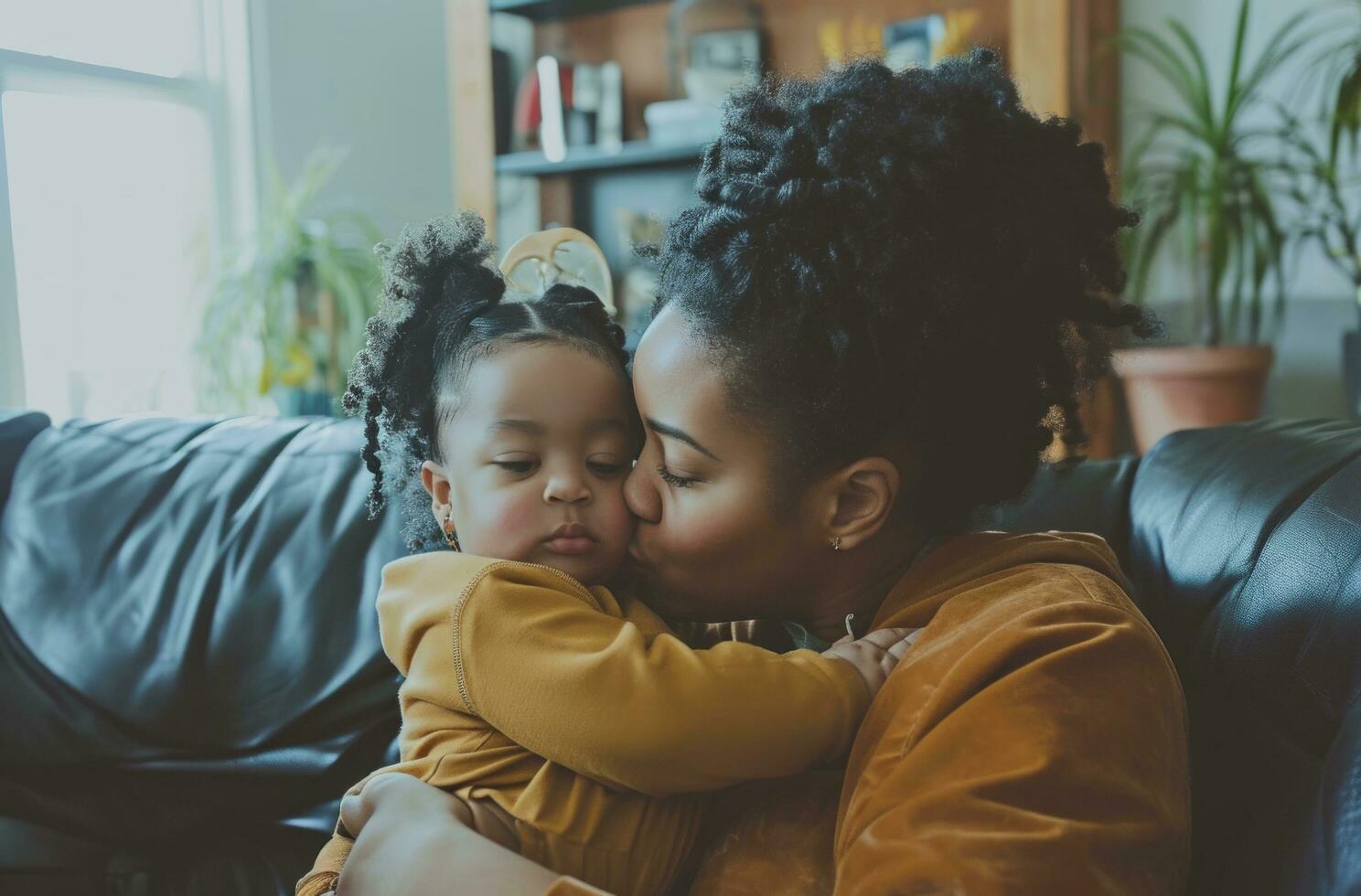 AI generated parent and kid kissing on couch in family room photo