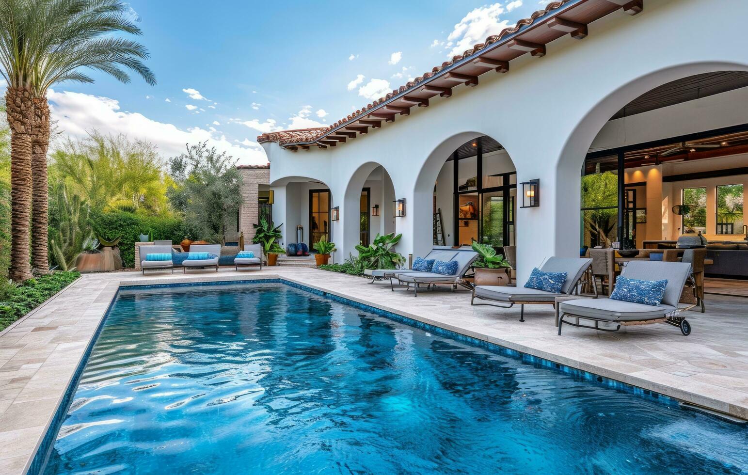 AI generated scottsdale home featuring a pool with a patio and lounge chairs in the shade photo