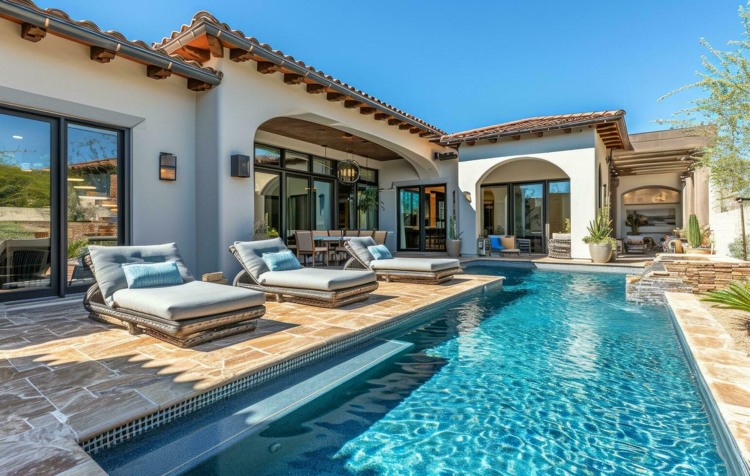 AI generated scottsdale home featuring a pool with a patio and lounge chairs in the shade photo