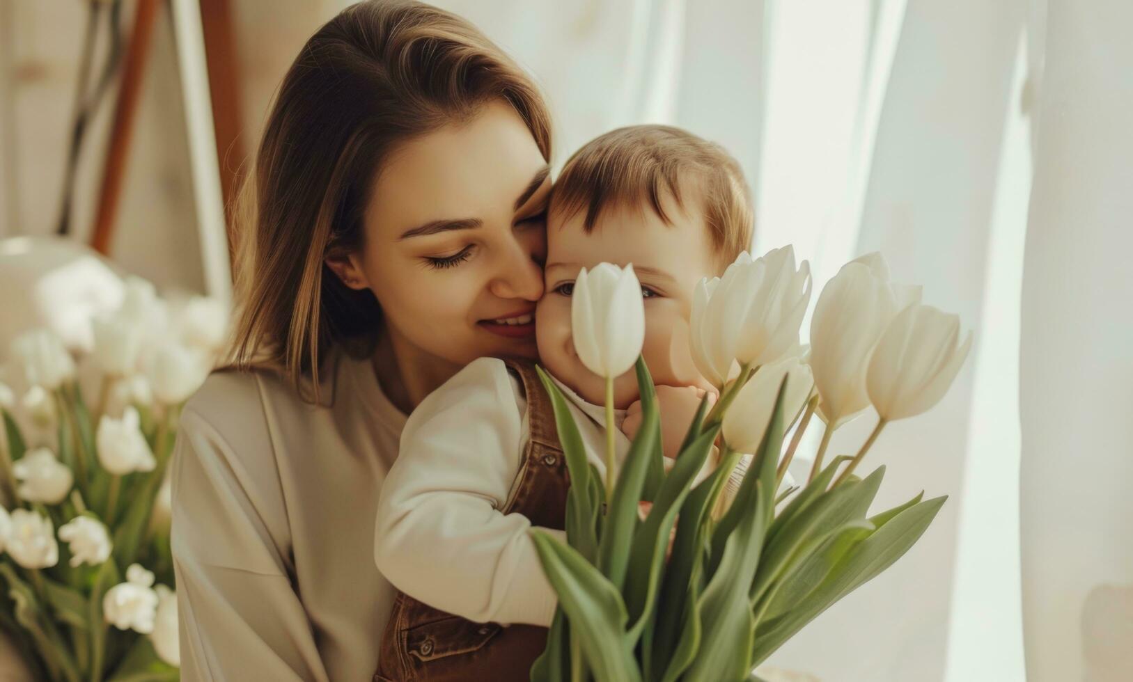 ai generado madre acurrucarse su hijo con tulipanes y madre besos él foto