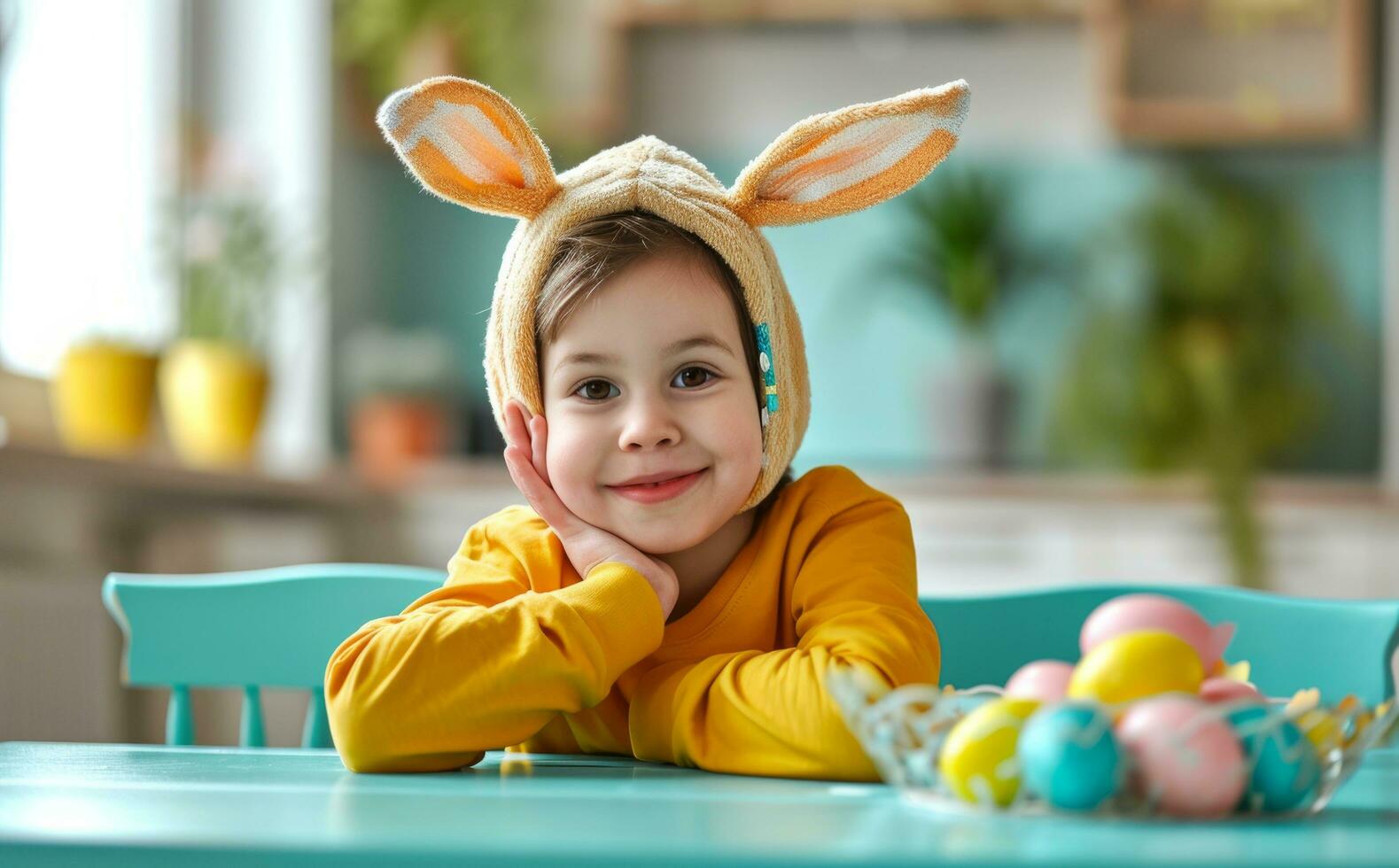 AI generated kid with ears wears bunny hat at a table with easter eggs photo