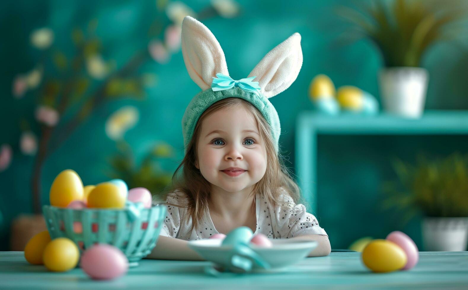 AI generated kid with ears wears bunny hat at a table with easter eggs photo