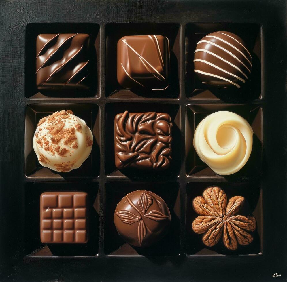 AI generated some chocolates on a flat black surface realist lifelike accuracy photo