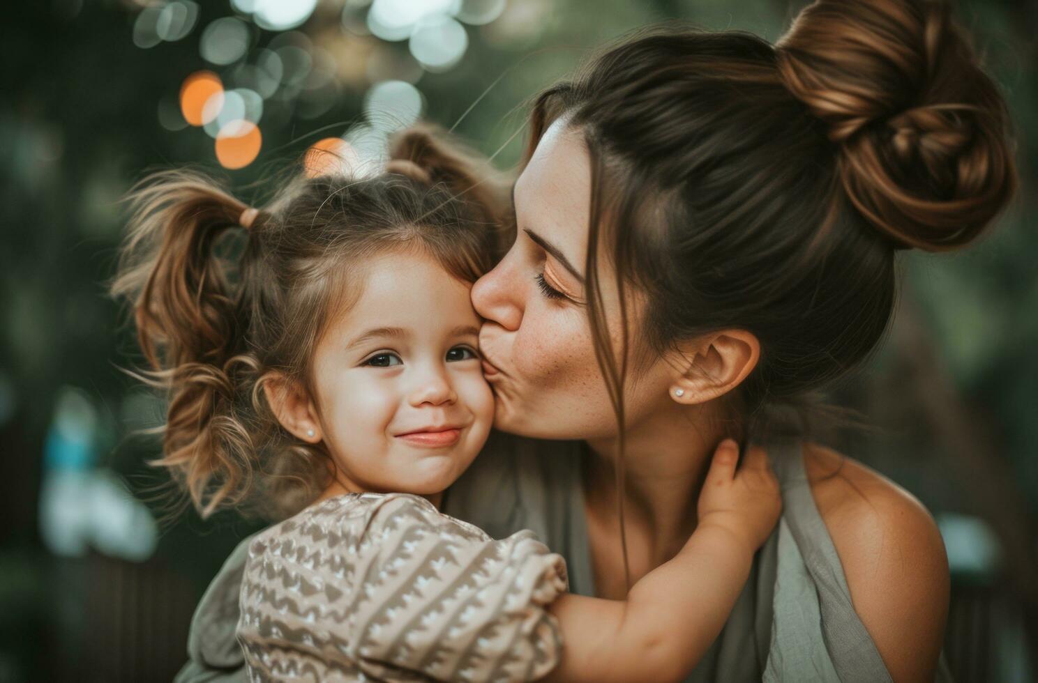 ai generado madre Besos hijo a hogar participación flores para madres día foto