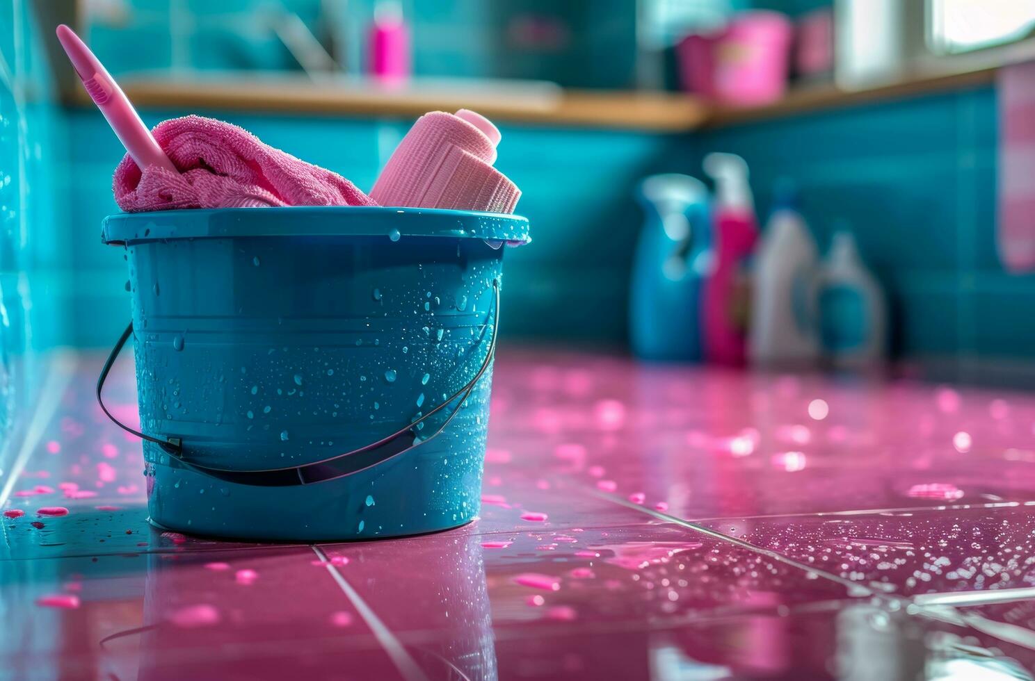 AI generated home cleaning products in a blue bucket inside kitchen, photo