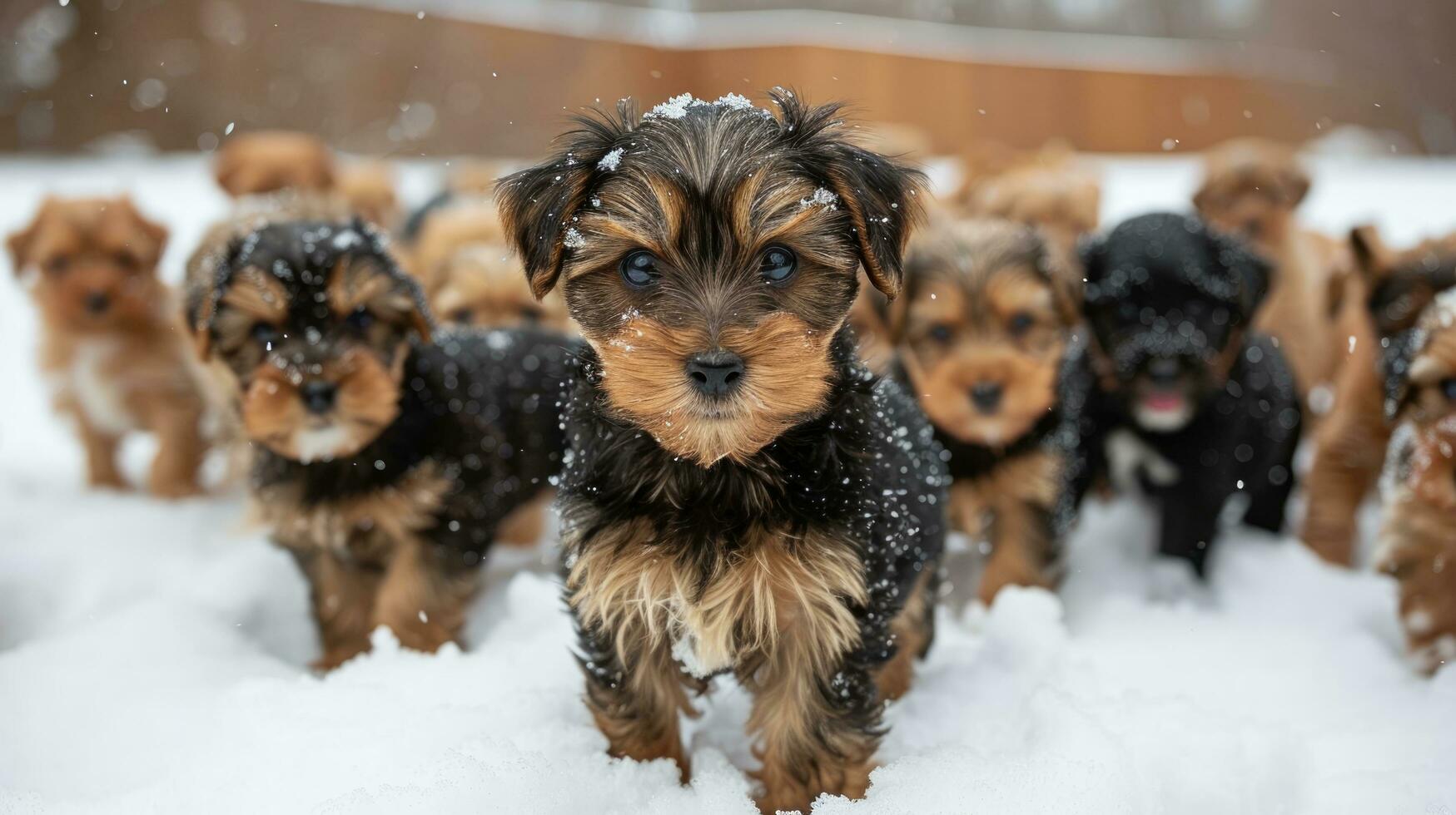 AI generated many yorrkshire puppies playing in the snow photo