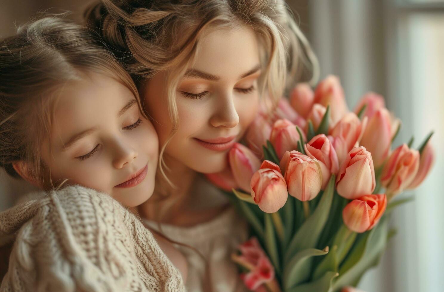 AI generated mothers day greeting card ideas mother daughter hug bouquet of tulips photo