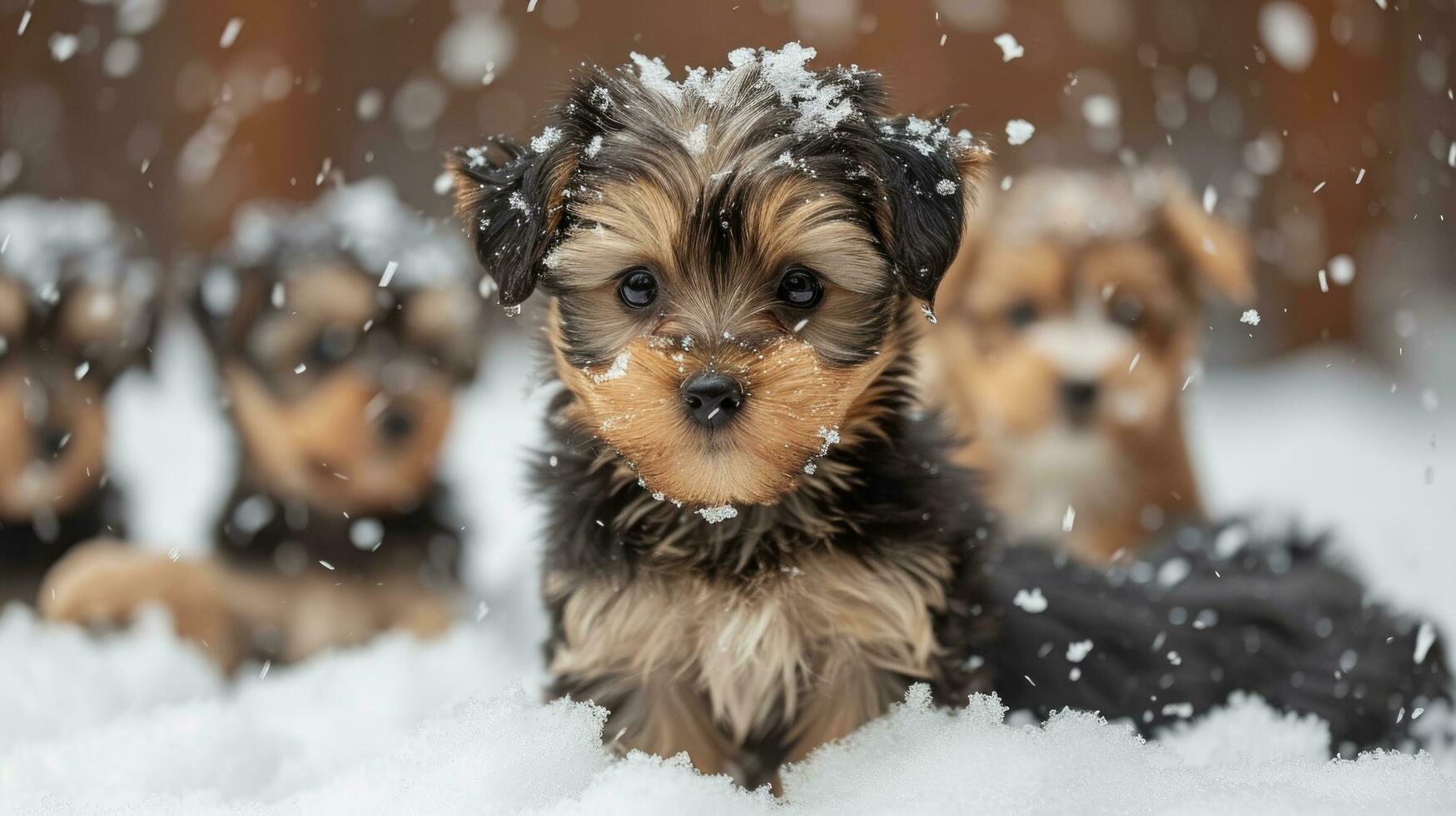 AI generated many yorrkshire puppies playing in the snow photo