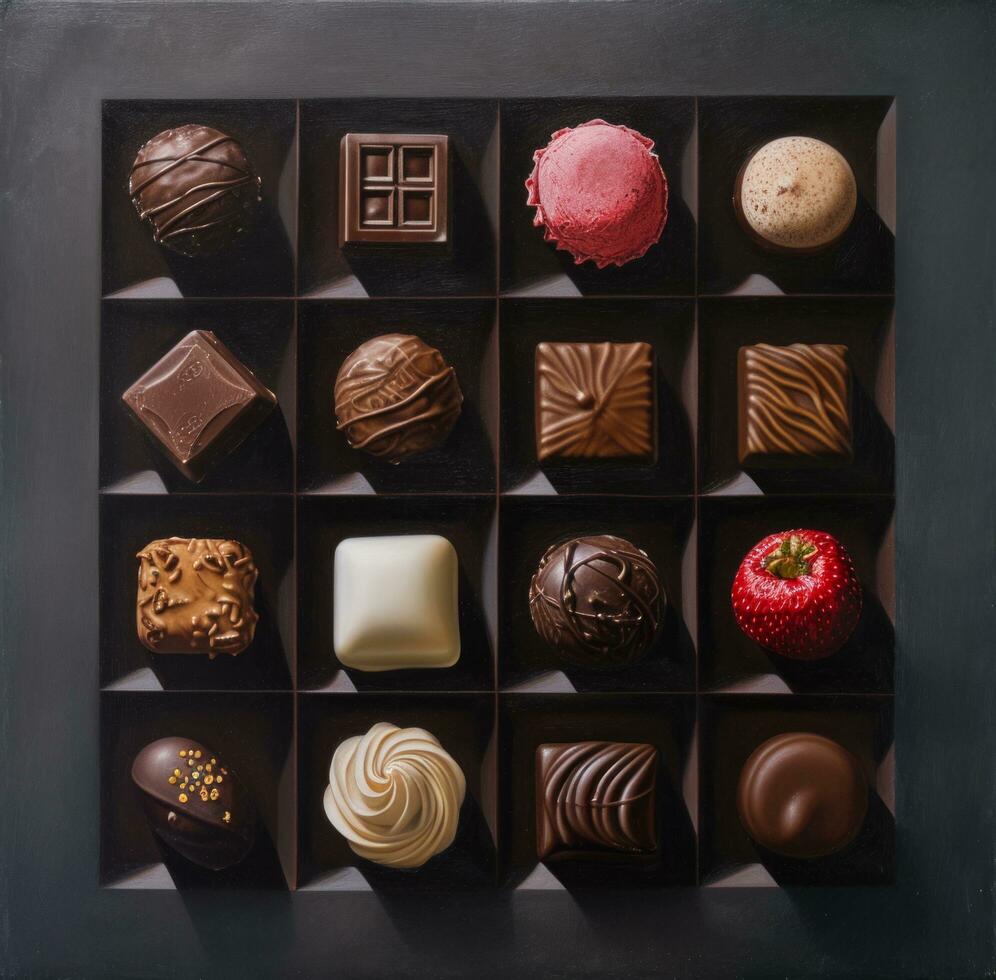 AI generated some chocolates on a flat black surface realist lifelike accuracy photo