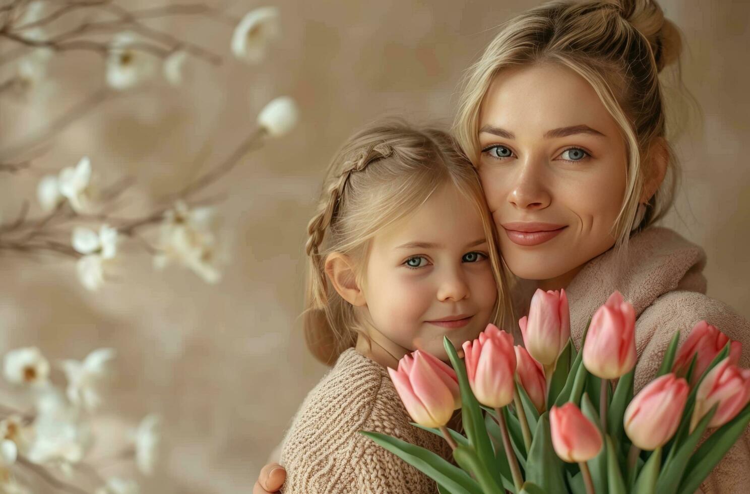 AI generated mothers day greeting card ideas mother daughter hug bouquet of tulips photo