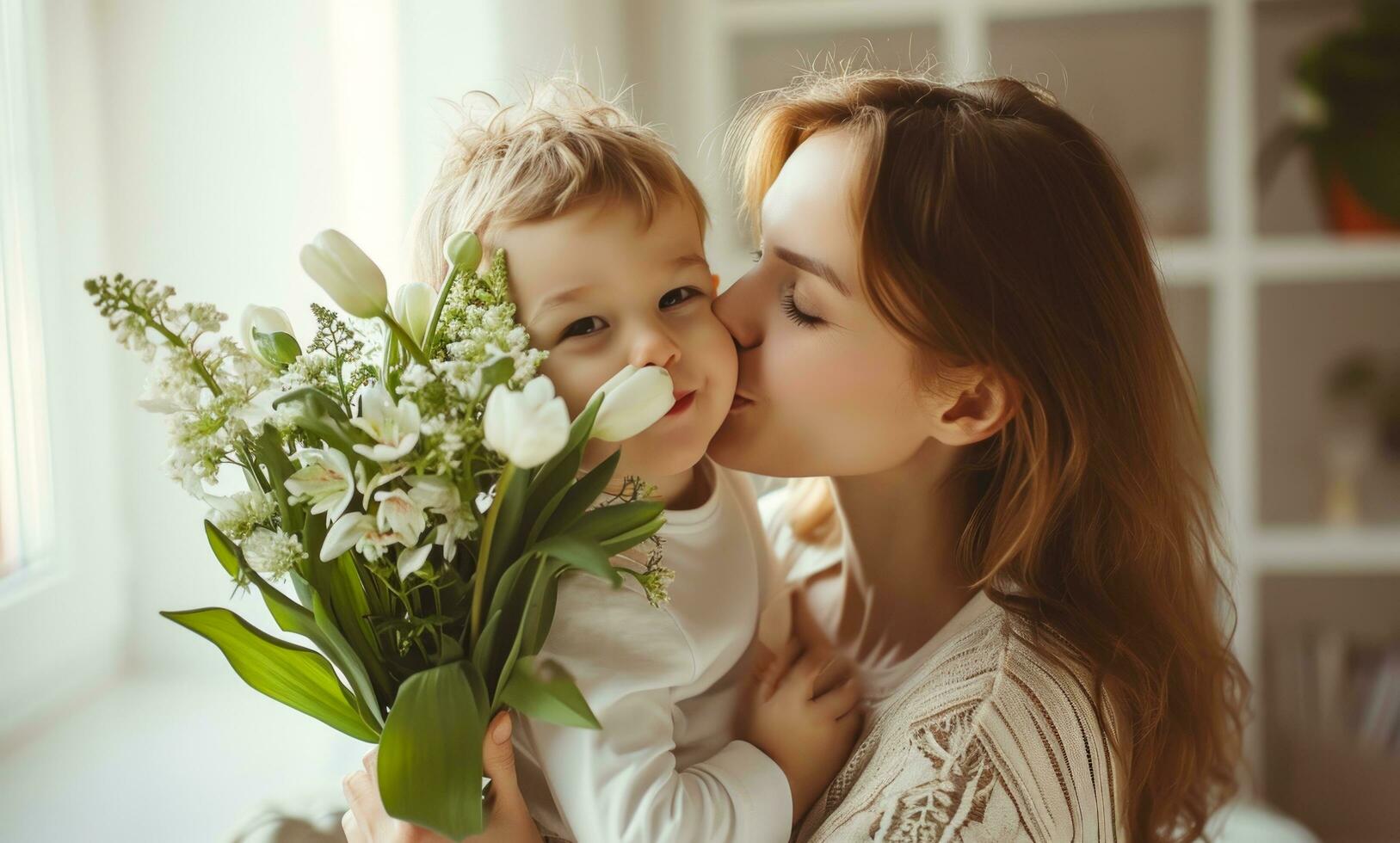 ai generado madre Besos hijo a hogar participación flores para madres día, foto