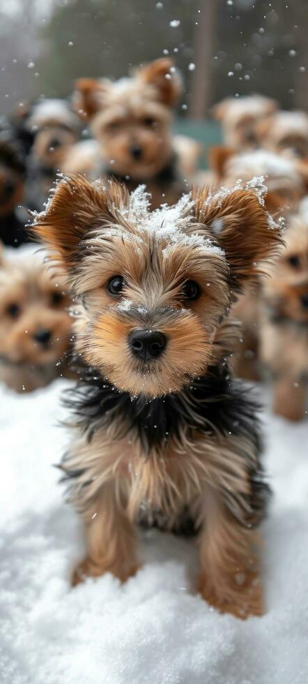 AI generated many yorrkshire puppies playing in the snow photo