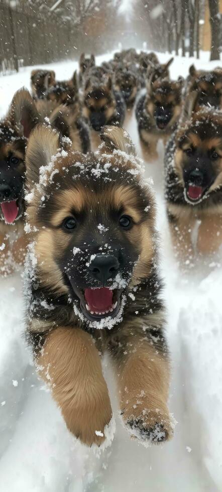AI generated many German Shepherd puppies playing in the snow photo