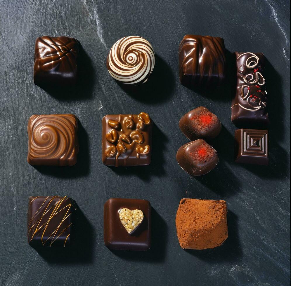 AI generated some chocolates on a flat black surface realist lifelike accuracy photo