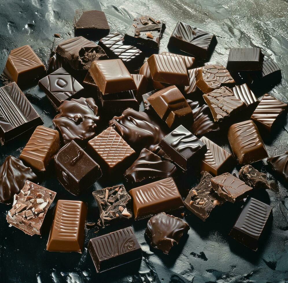 AI generated some chocolates on a flat black surface realist lifelike accuracy photo