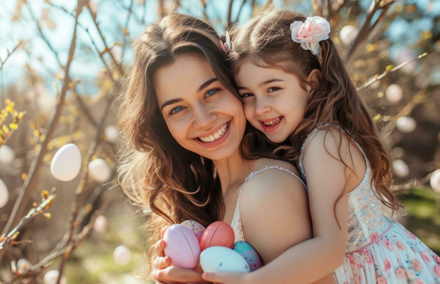 ai generado madre y muchachas celebrando Pascua de Resurrección foto