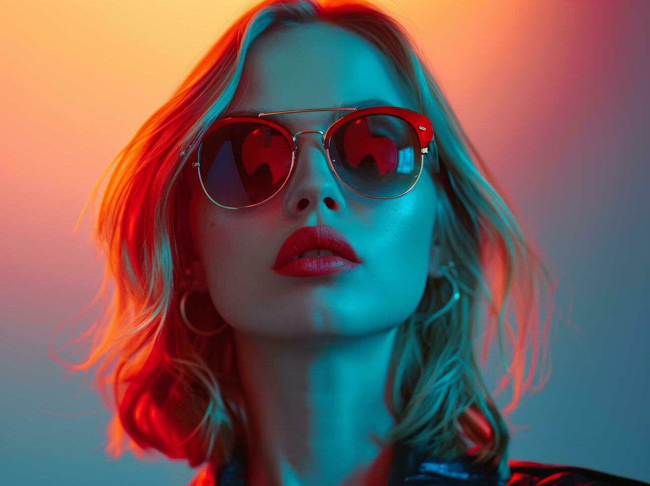 AI generated lady with long blonde bob wearing sunglasses on blueblack background photo