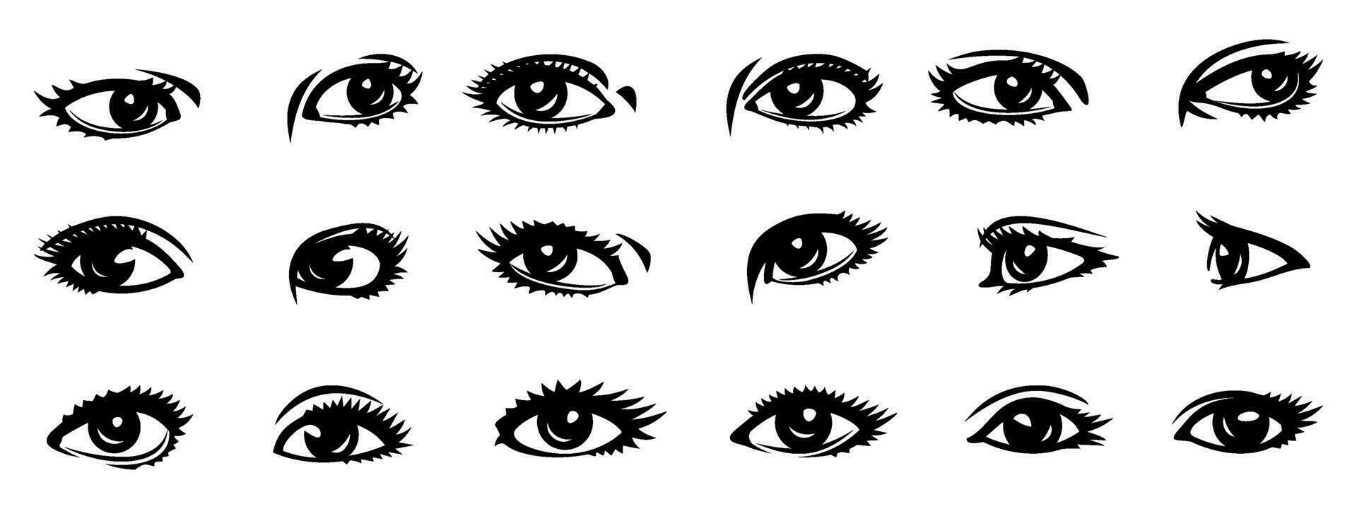 Woman Eyes Set. Doubles and singles. Back and white vector cliparts.