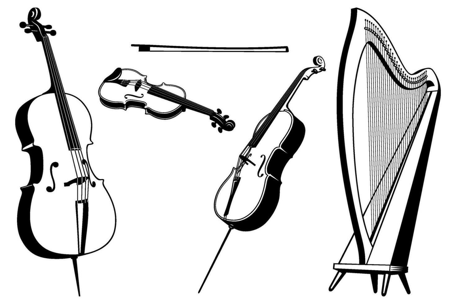 String music instruments Set. Violin, cello, double bass, harp. Outline vector clipart isolated on white.