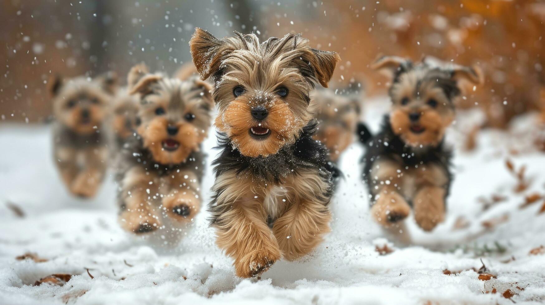 AI generated many yorrkshire puppies playing in the snow photo