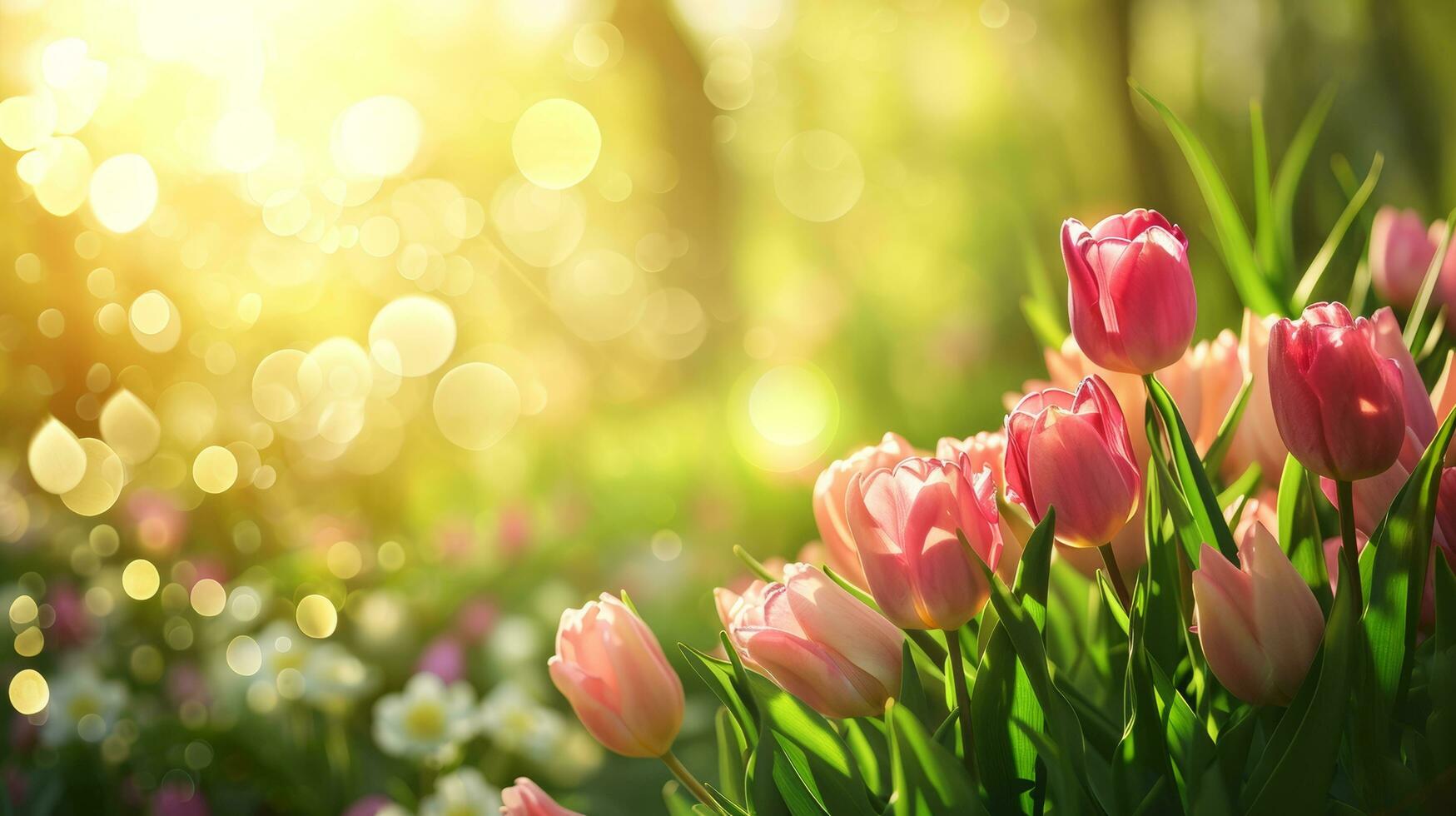 AI generated spring advertisment natural nackground with flowers, bokeh lights and copy space photo