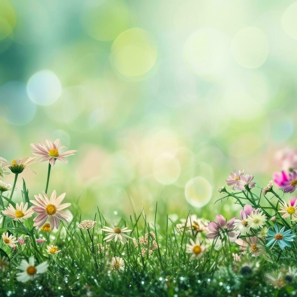 AI generated spring advertisment natural nackground with flowers, bokeh lights and copy space photo