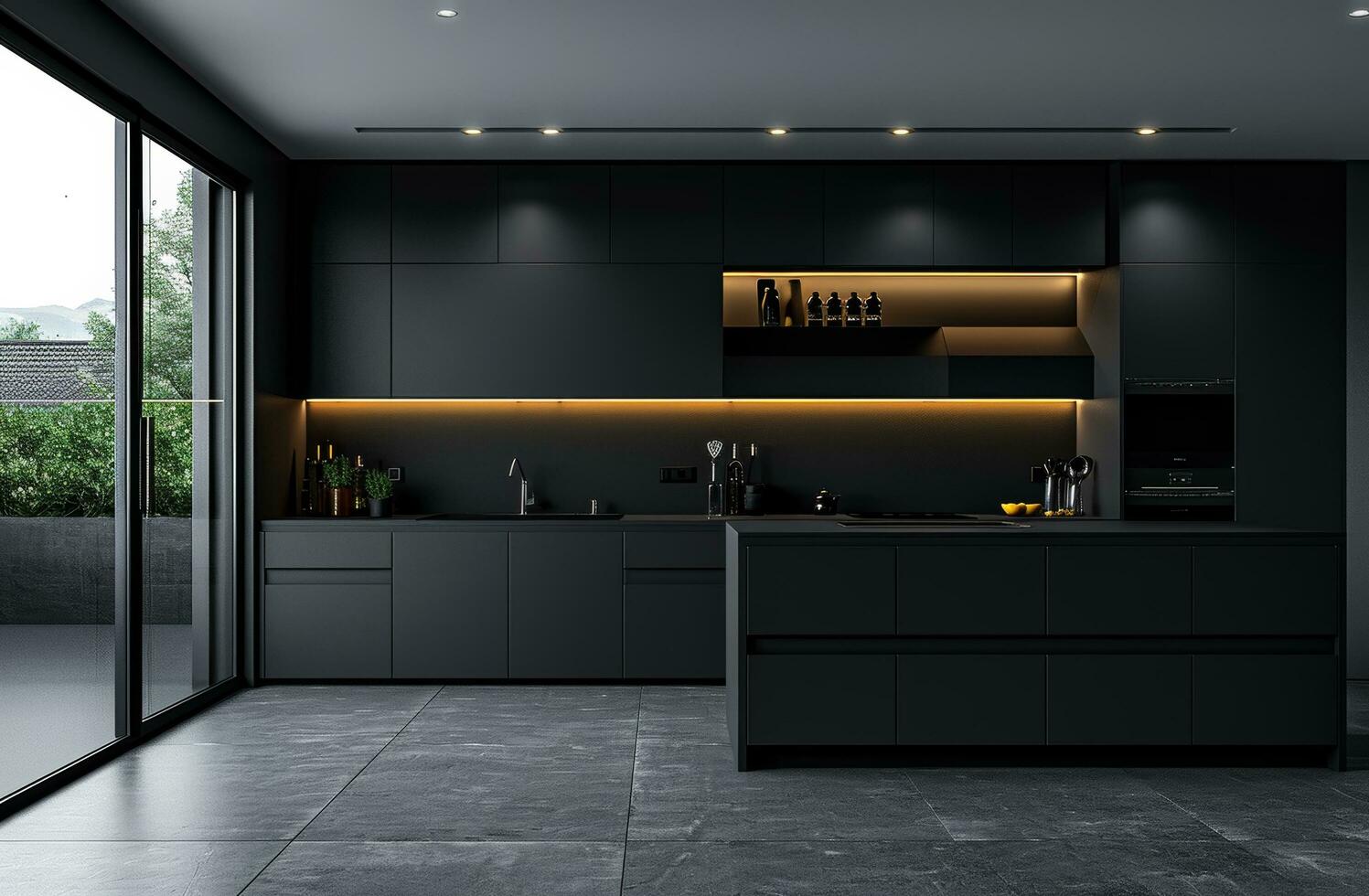 AI generated the modern minimalist kitchen with black cabinets and metal lighting photo